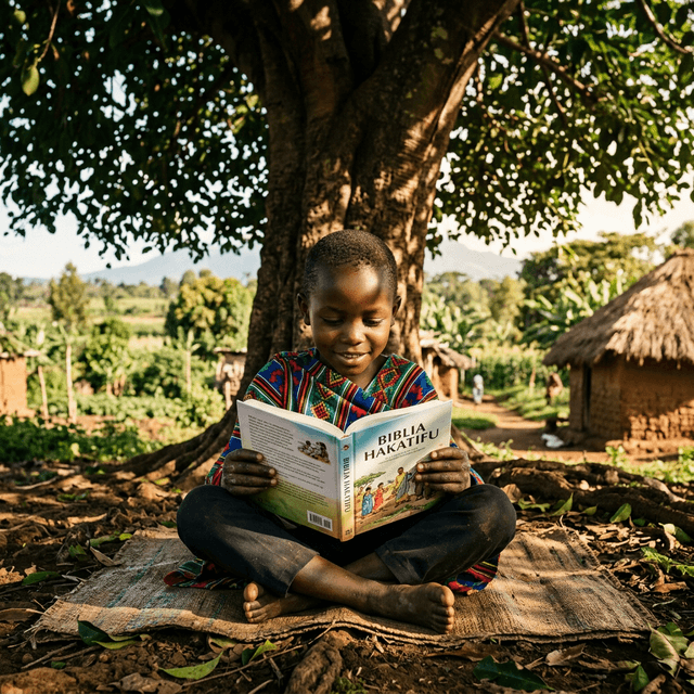 A Kenyan child reading their new Bible